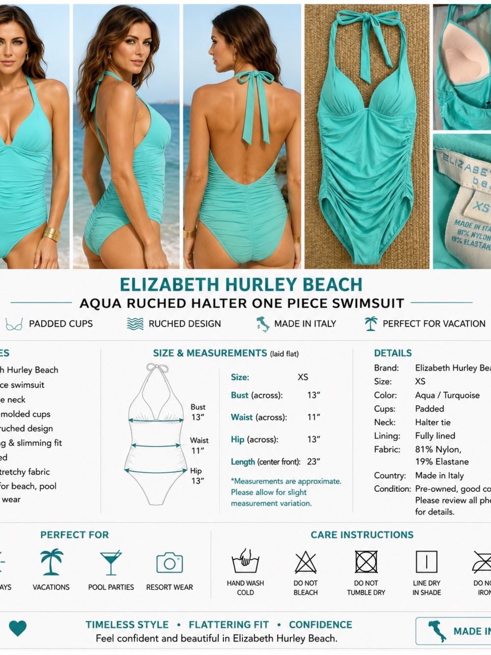 Elizabeth Hurley Beach Aqua Ruched Halter One Piece Swimsuit Padded XS